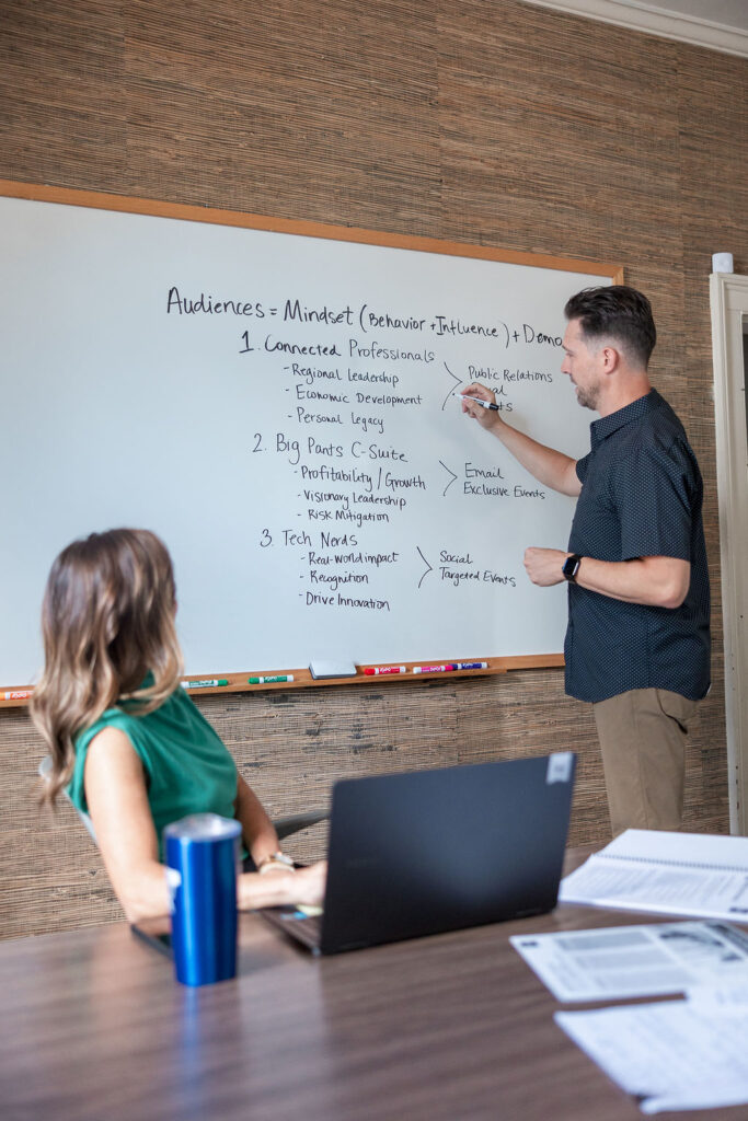 Heritage Brands team member presenting marketing strategy on a whiteboard during a meeting.