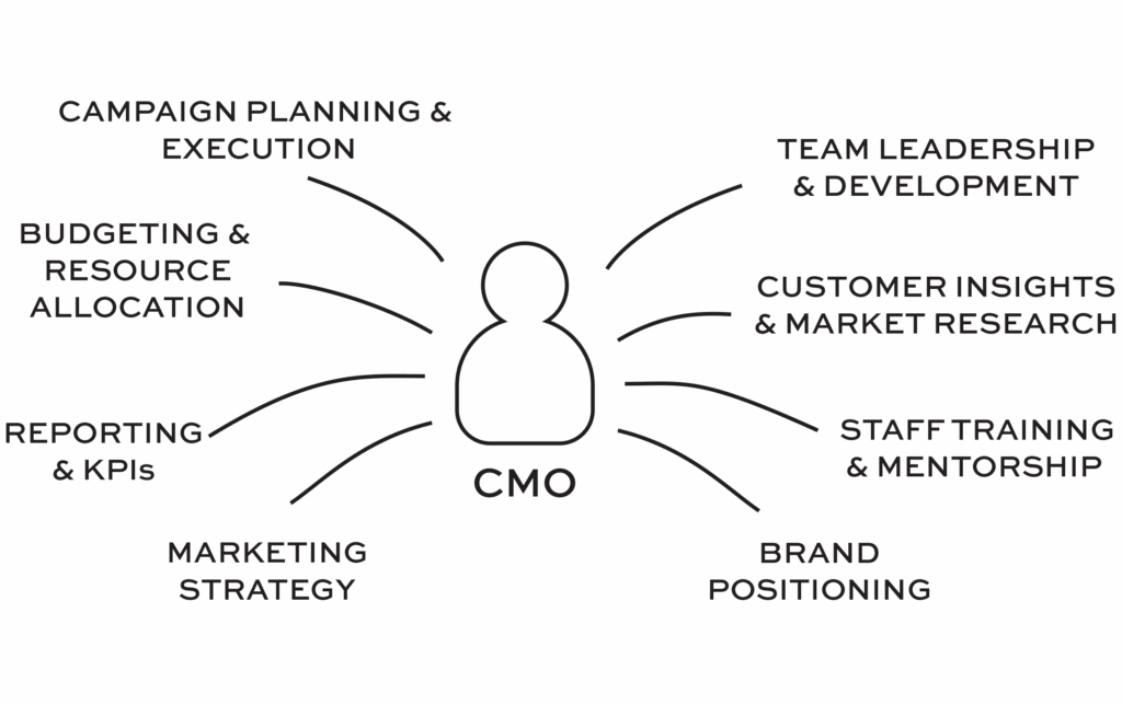 Diagram illustrating the responsibilities of a Fractional CMO, including strategy, budgeting, team leadership, and reporting.