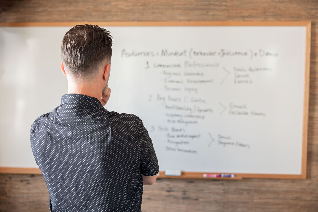 A marketing strategist reviewing ideas and audience notes on a whiteboard.
