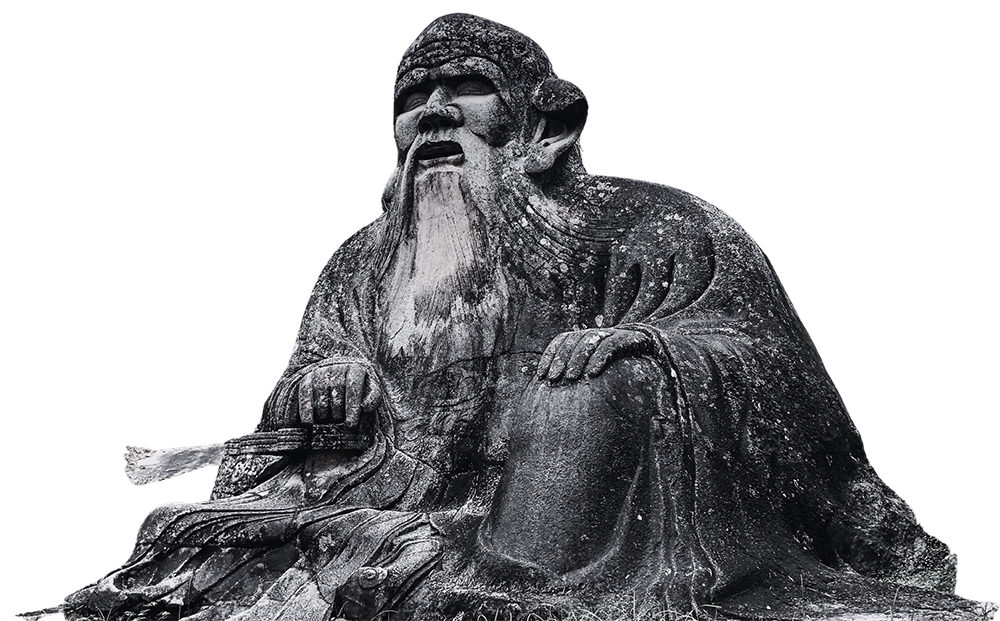 Statue of Lao Tzu beside the quote “The journey of a thousand miles begins with a single step.”